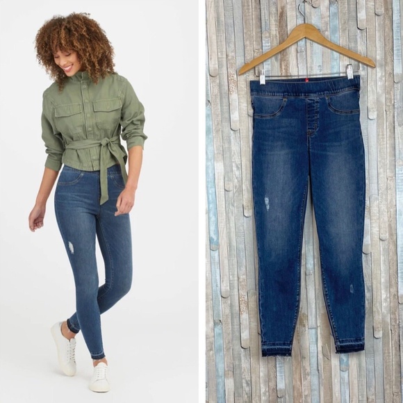 Spanx Womens Skinny Jeans Sz Small Wash Distressed Blue Ankle Stretchy Travel - Picture 2 of 15